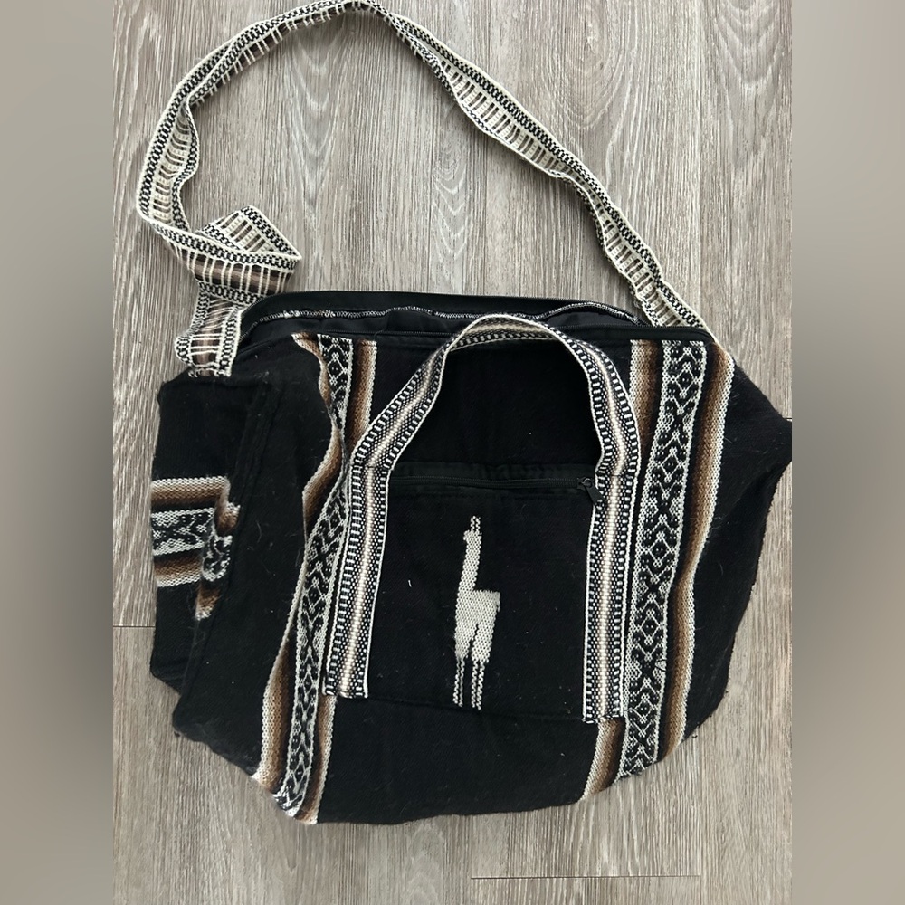 Peruvian alpaca and wool bag  llama motif Black Brown stripes